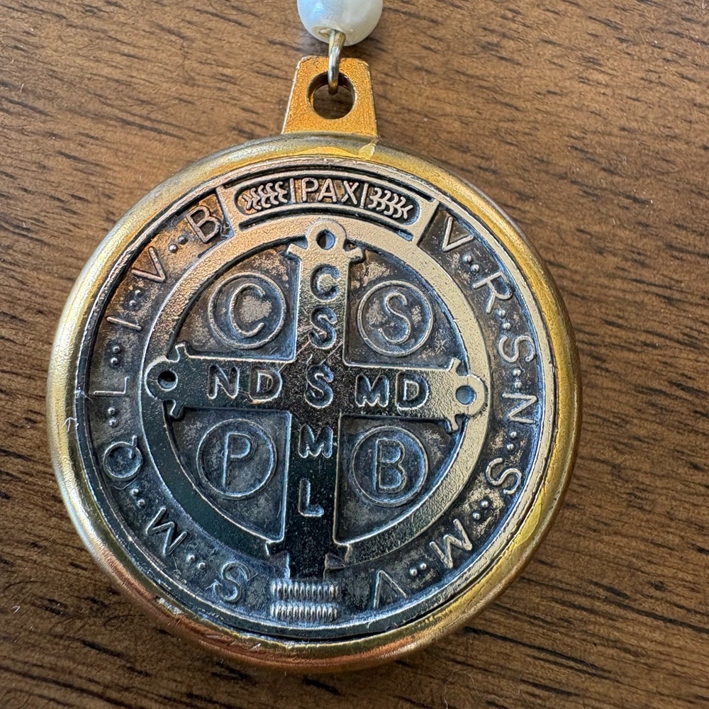 Long Saint Benedict Medallion and Pearl Necklace - Picture 3 of 5